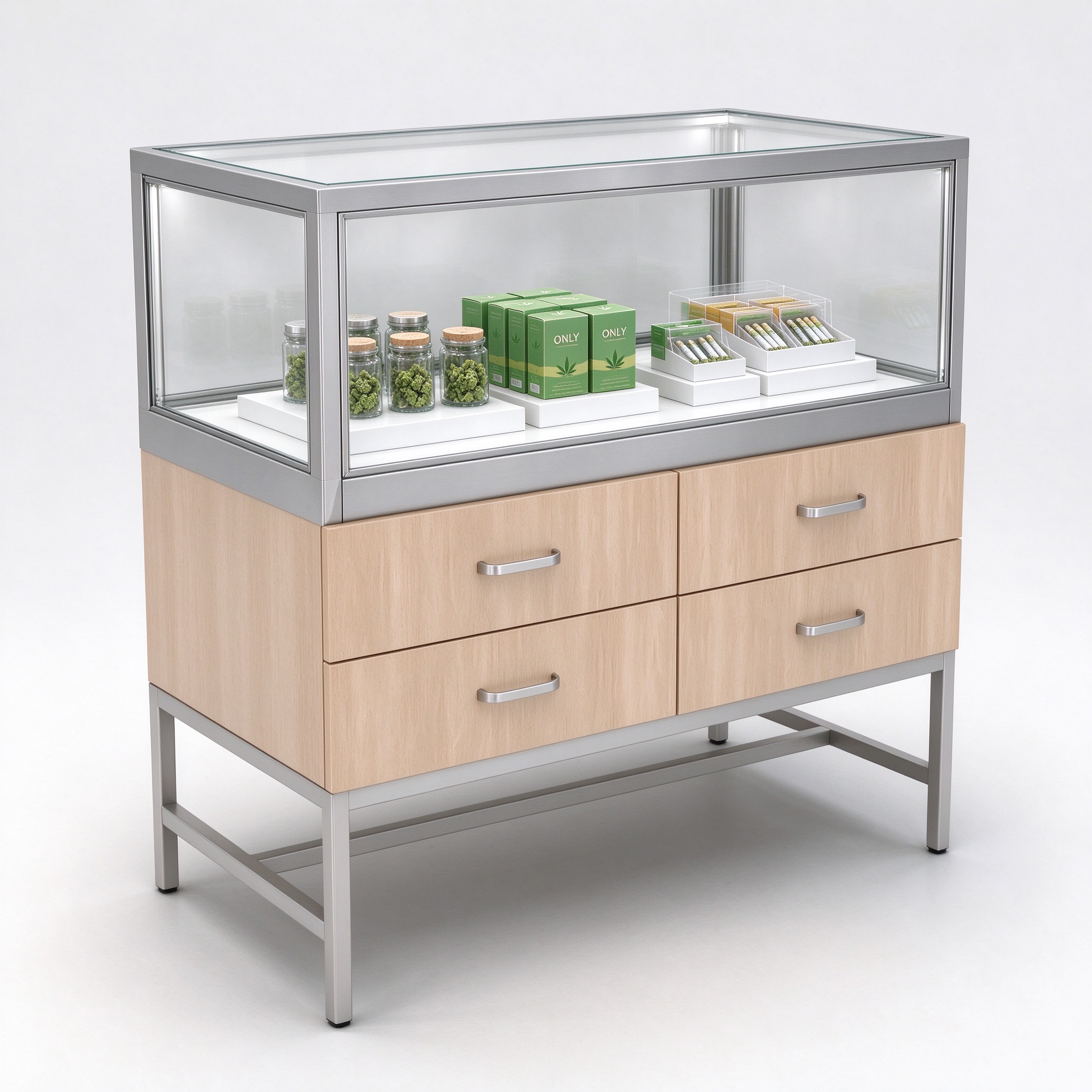 Light oak silver frame cannabis display counter right 45 degree view