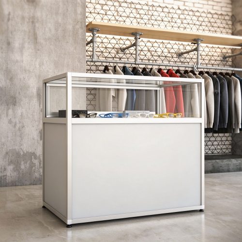 White aluminum frame glass clothing store display counter left 45 degree view
