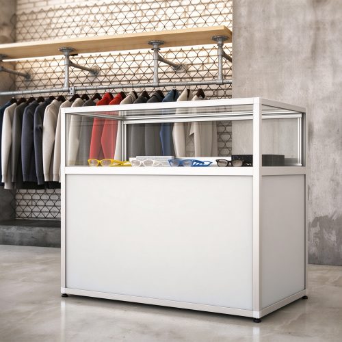 White aluminum frame glass clothing store display counter right 45 degree view