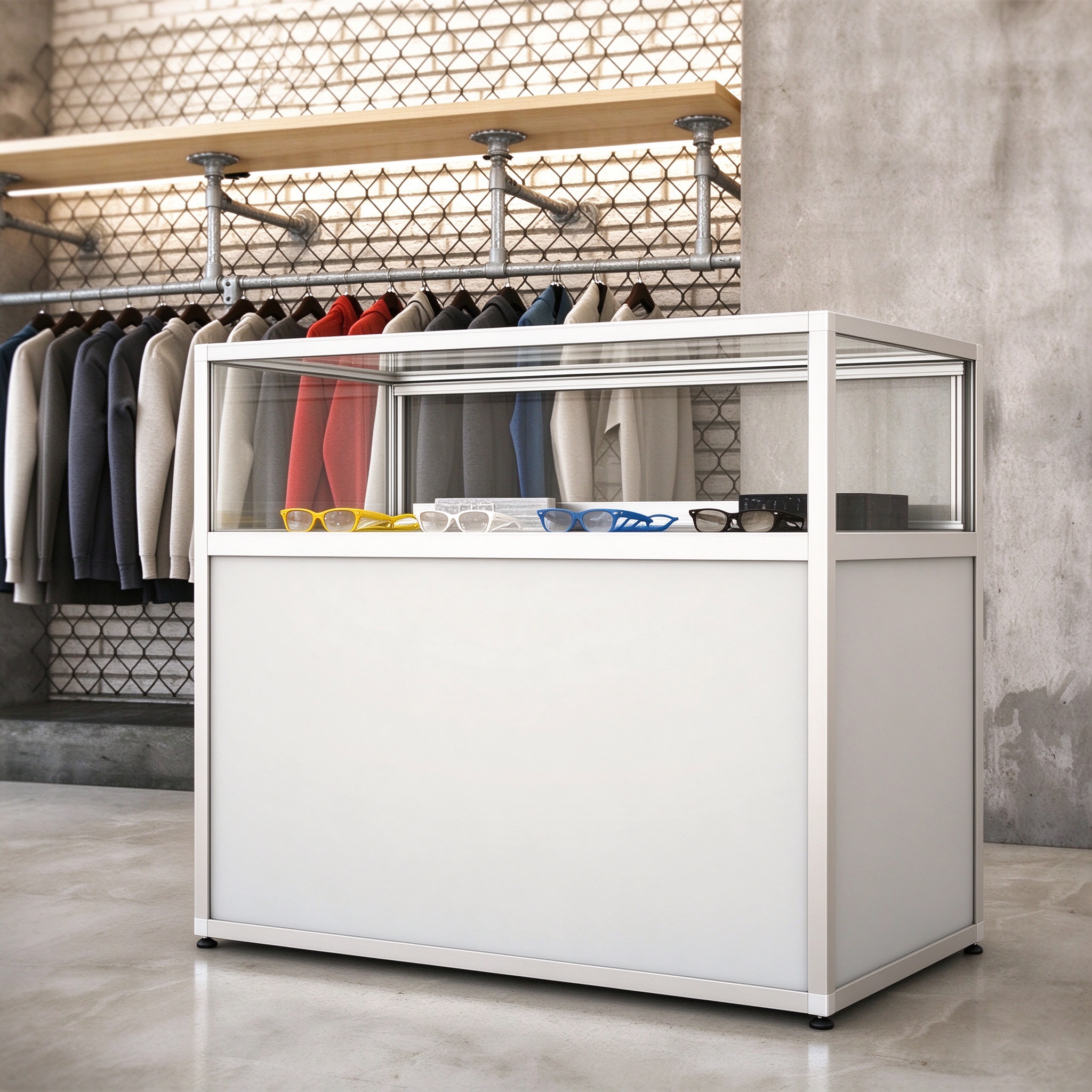 White aluminum frame glass clothing store display counter right 45 degree view