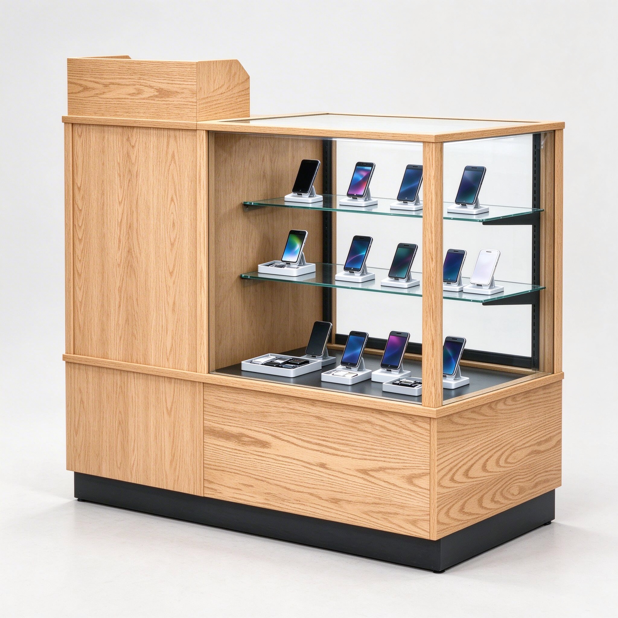 Light oak wood glass display counter left 45 degree view