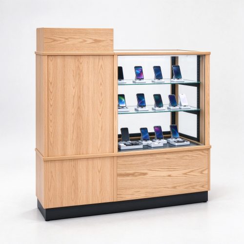 Light oak wood glass display counter right 45 degree view