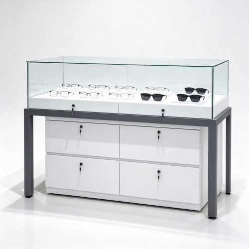 White frameless glass eyewear display counter left 45 degree view