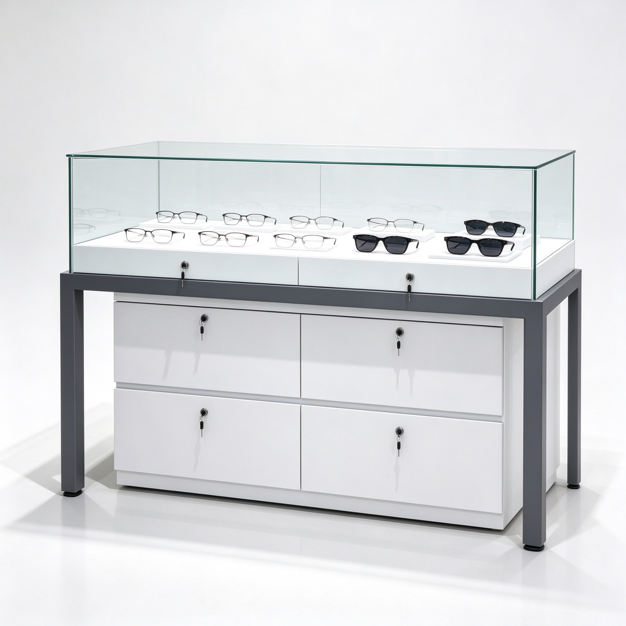 White frameless glass eyewear display counter left 45 degree view