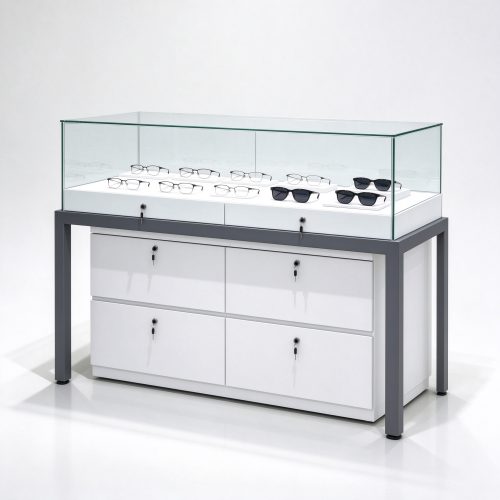 White frameless glass eyewear display counter right 45 degree view