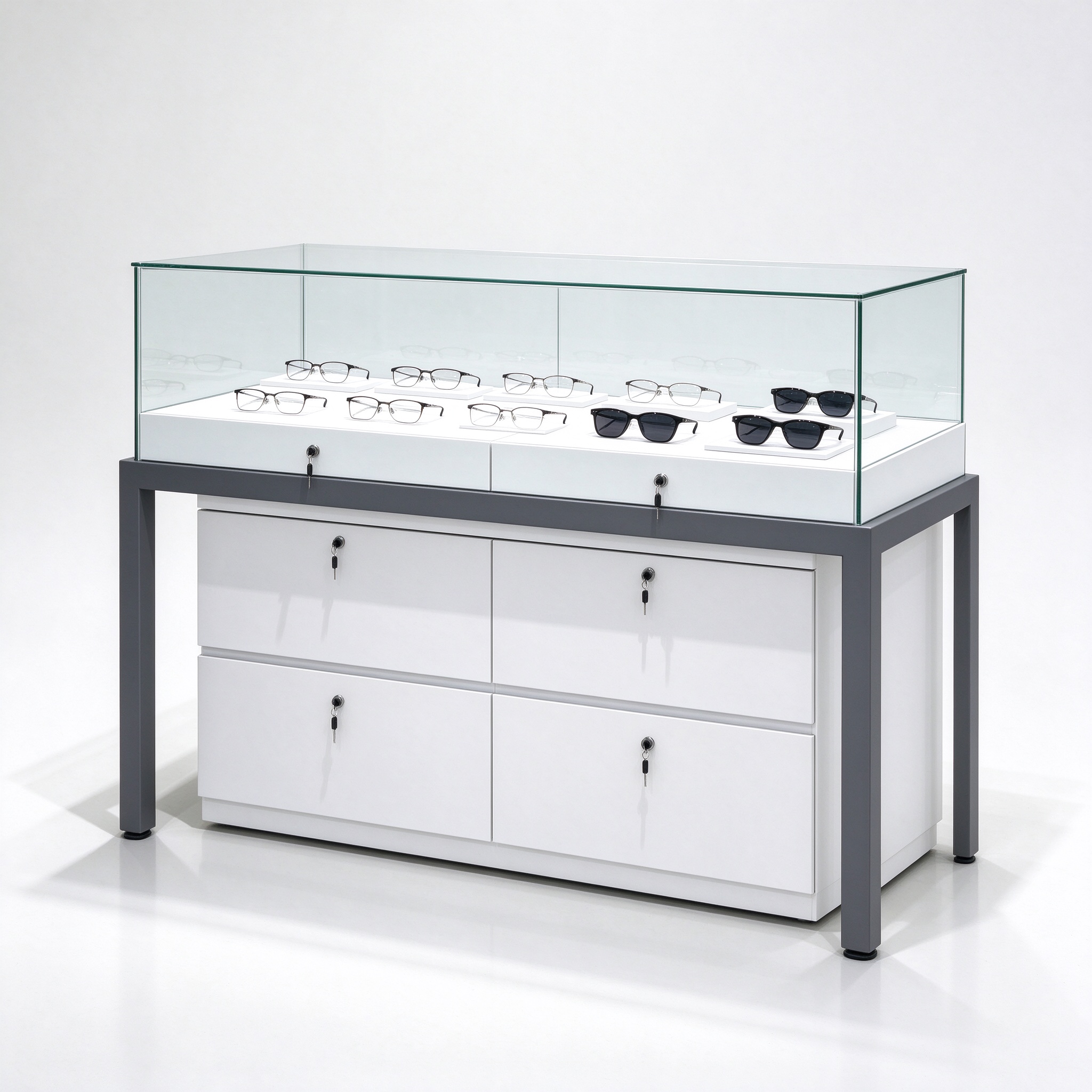 White frameless glass eyewear display counter right 45 degree view