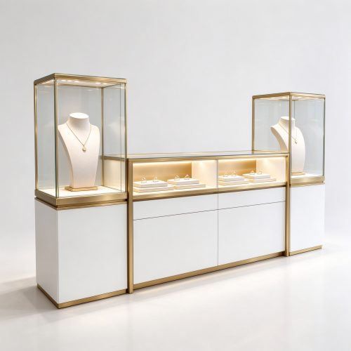 White gold trim modular jewelry glass counter left 45 degree view