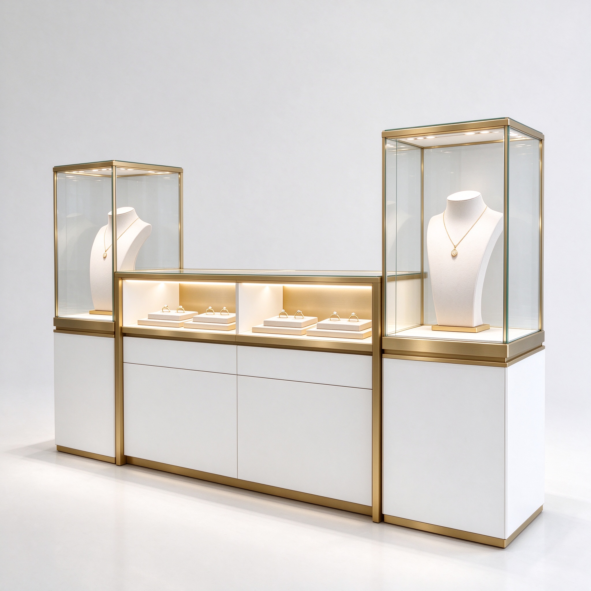 White gold trim modular jewelry glass counter right 45 degree view