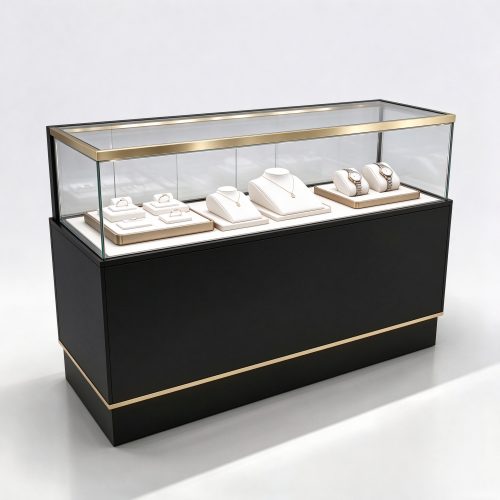 Black gold trim glass jewelry display counter left 45 degree view