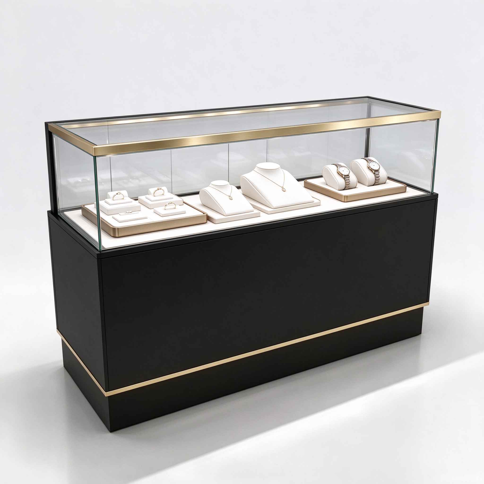 Black gold trim glass jewelry display counter left 45 degree view