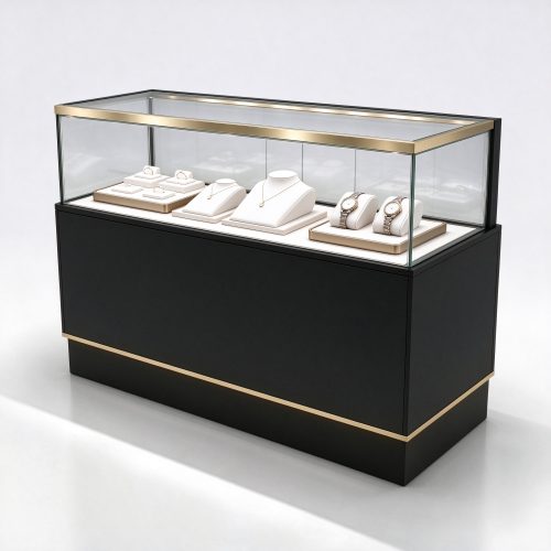 Black gold trim glass jewelry display counter right 45 degree view