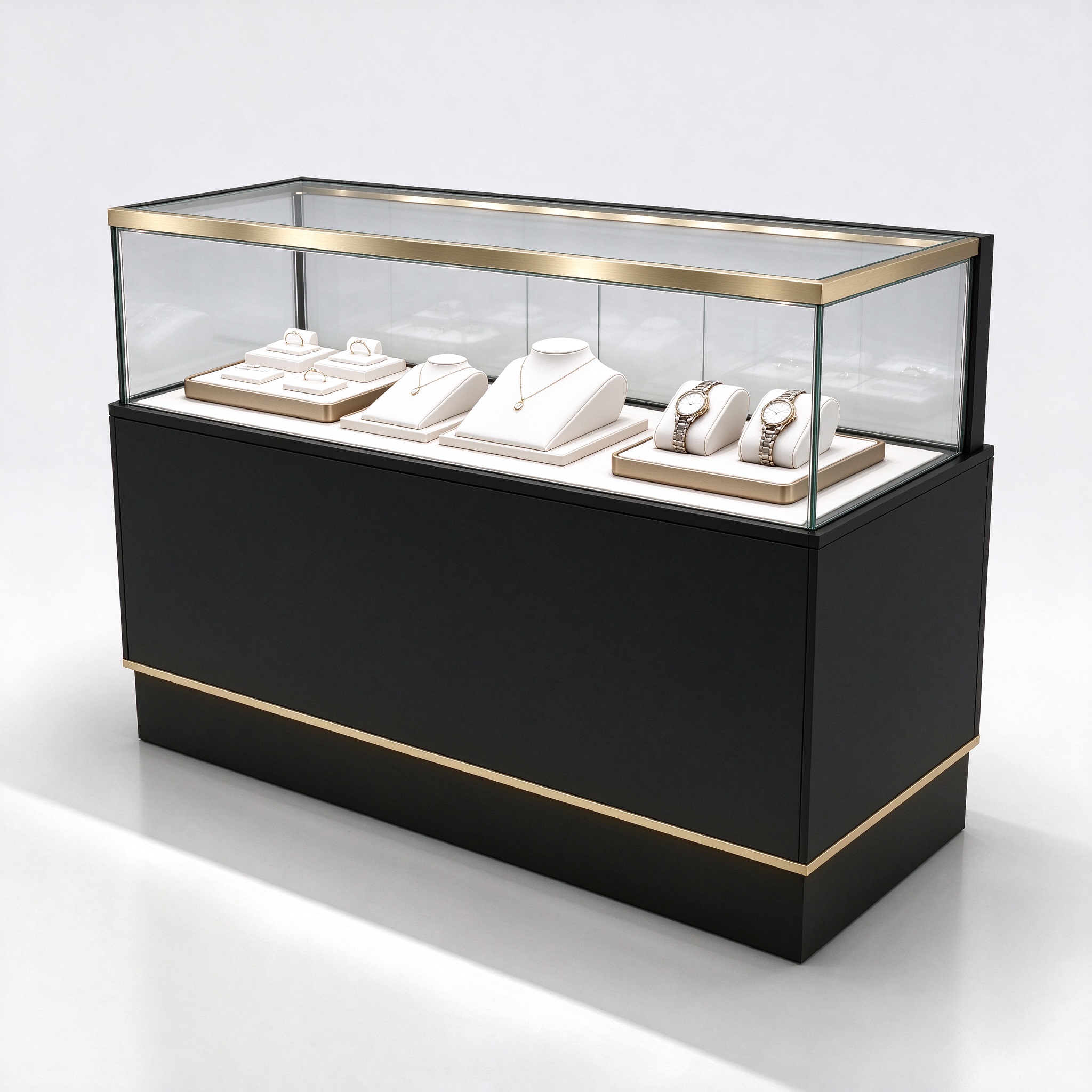 Black gold trim glass jewelry display counter right 45 degree view