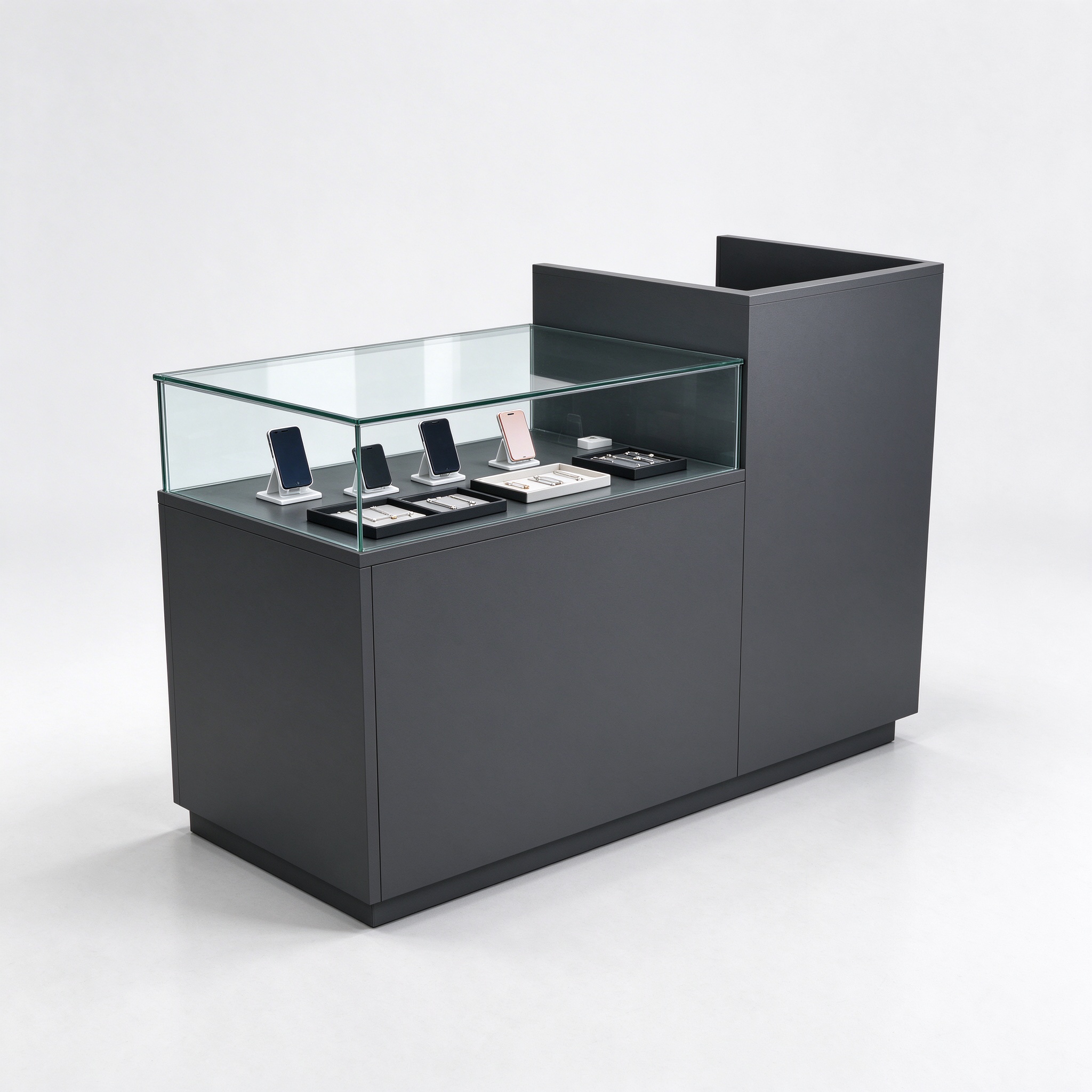Dark gray cash wrap counter with glass showcase left 45 degree view