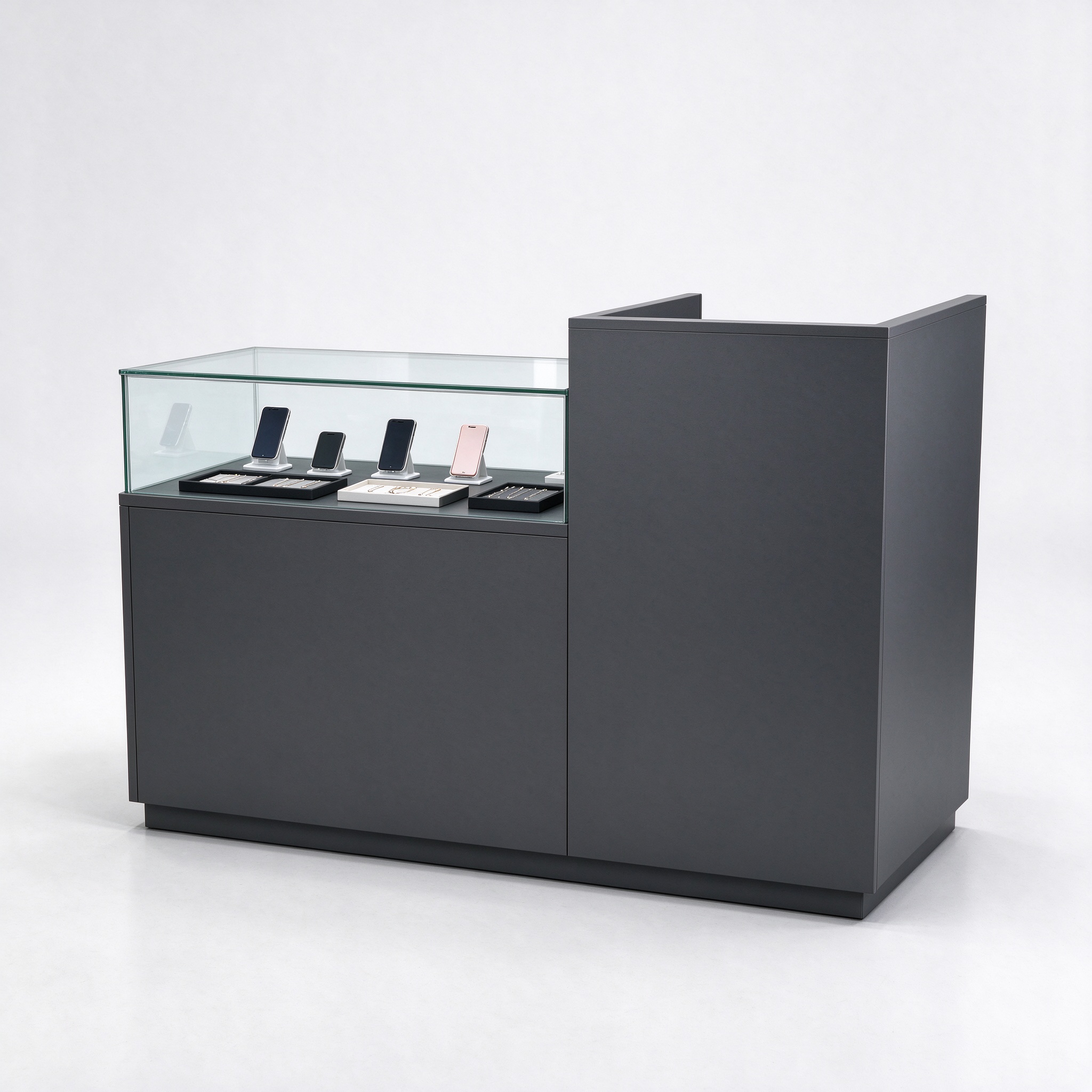 Dark gray cash wrap counter with glass showcase right 45 degree view
