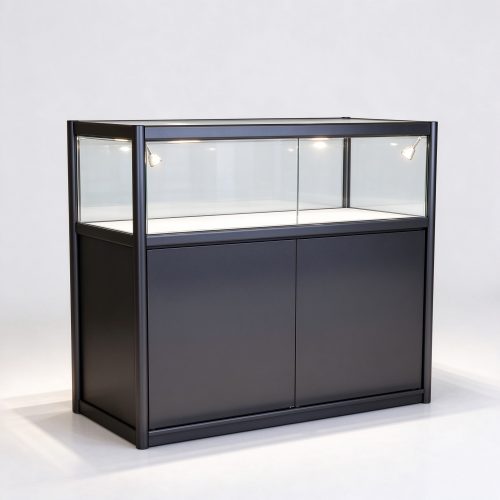 Black metal frame glass display counter left 45 degree view
