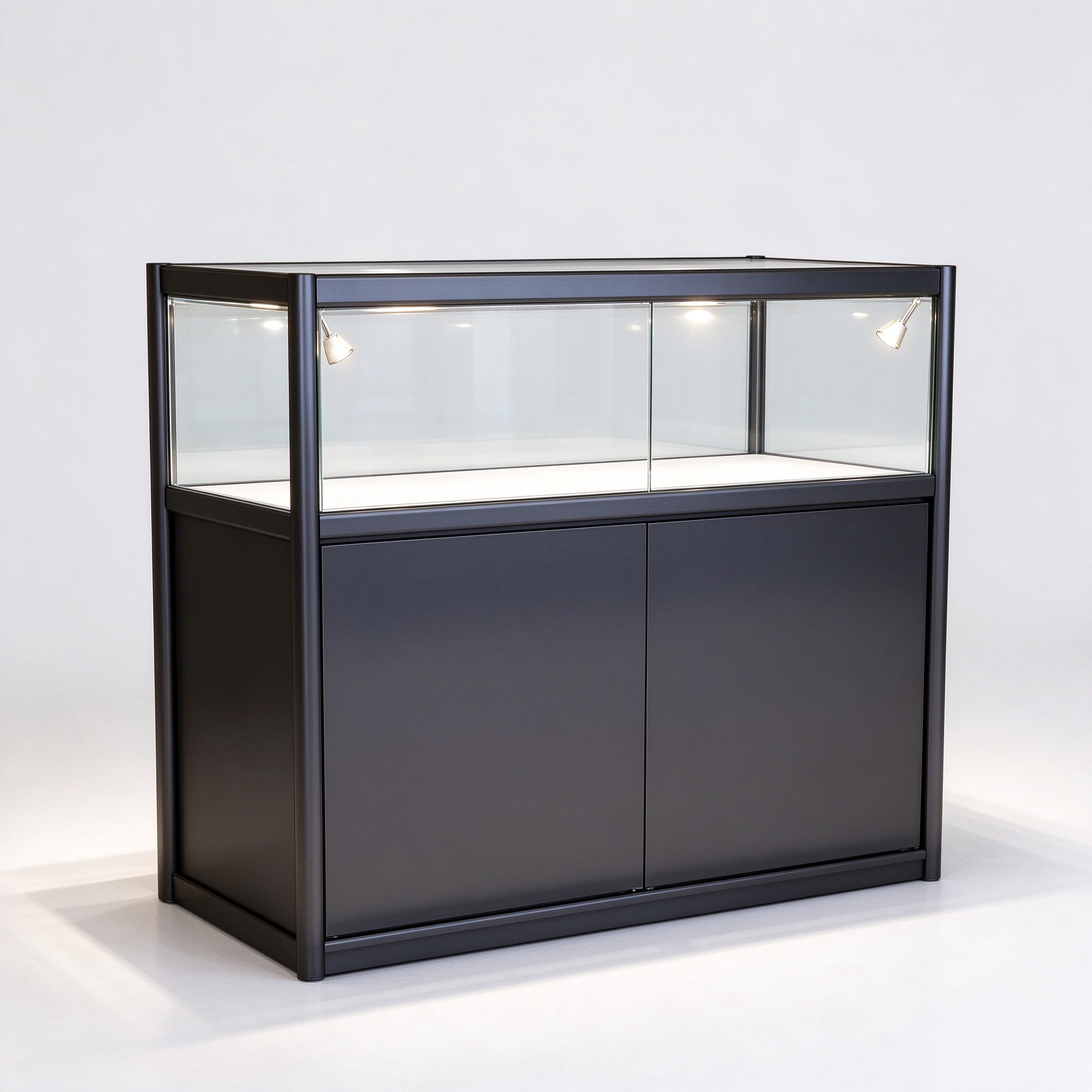 Black metal frame glass display counter left 45 degree view