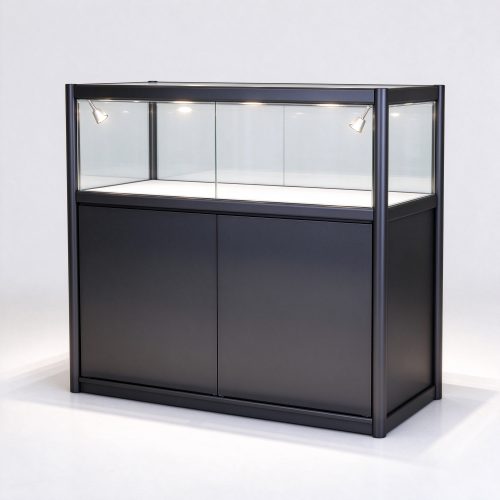 Black metal frame glass display counter right 45 degree view