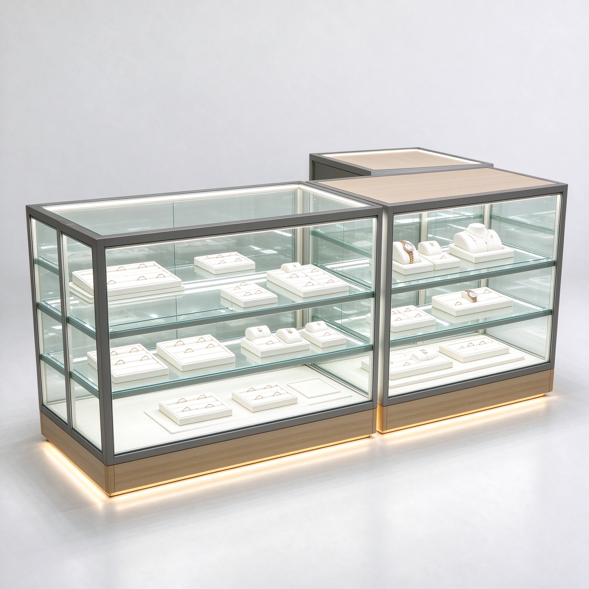 L-shaped full vision glass counter showcase right 45 degree view