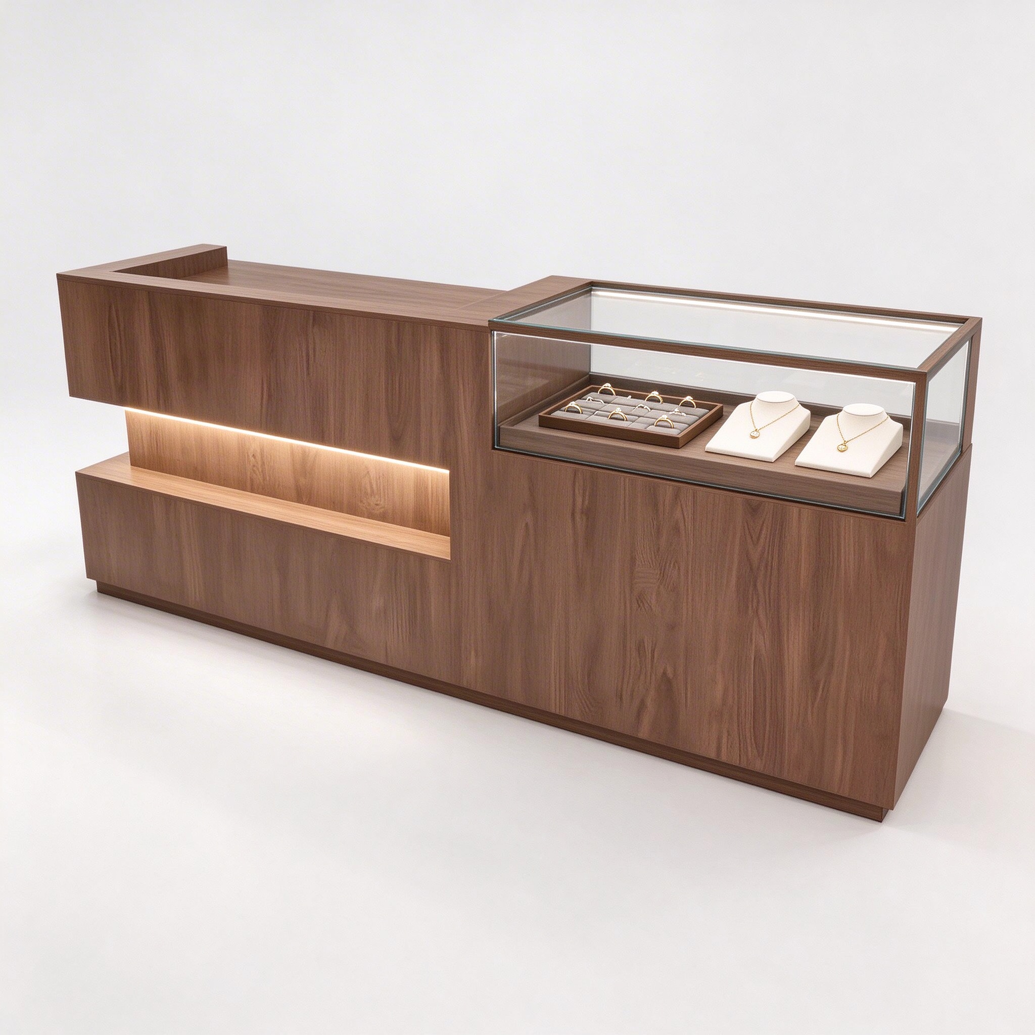 Light walnut L-shaped checkout counter with glass showcase left 45 degree view