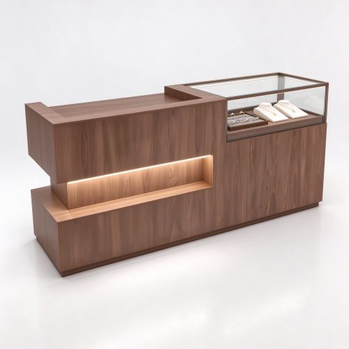 Light walnut L-shaped checkout counter with glass showcase right 45 degree view