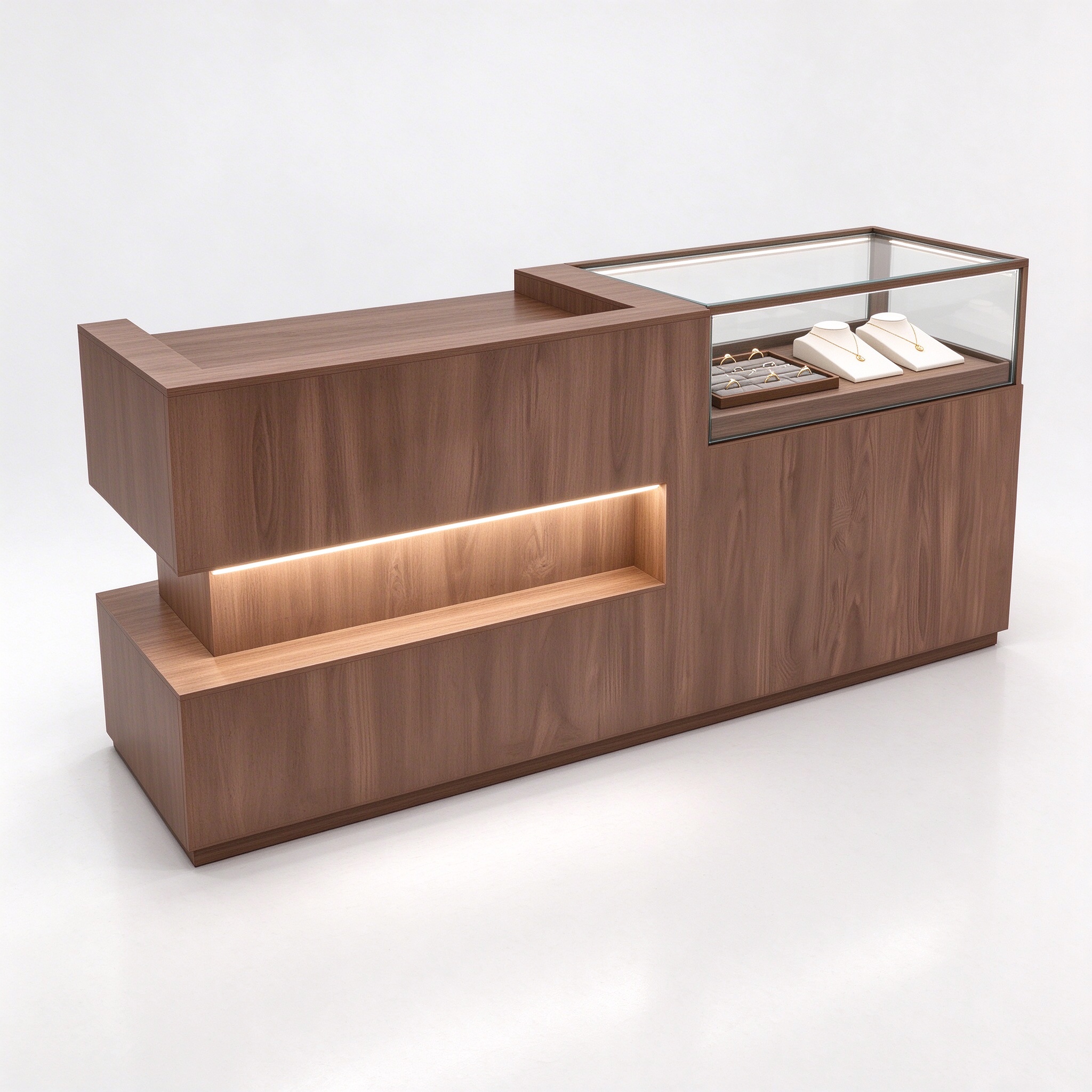 Light walnut L-shaped checkout counter with glass showcase right 45 degree view