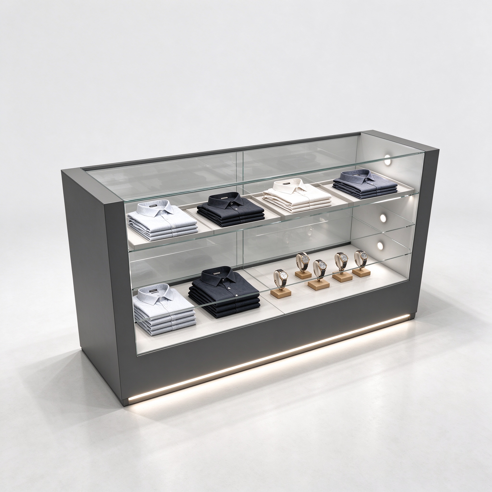 Dark gray slanted glass display counter left 45 degree view