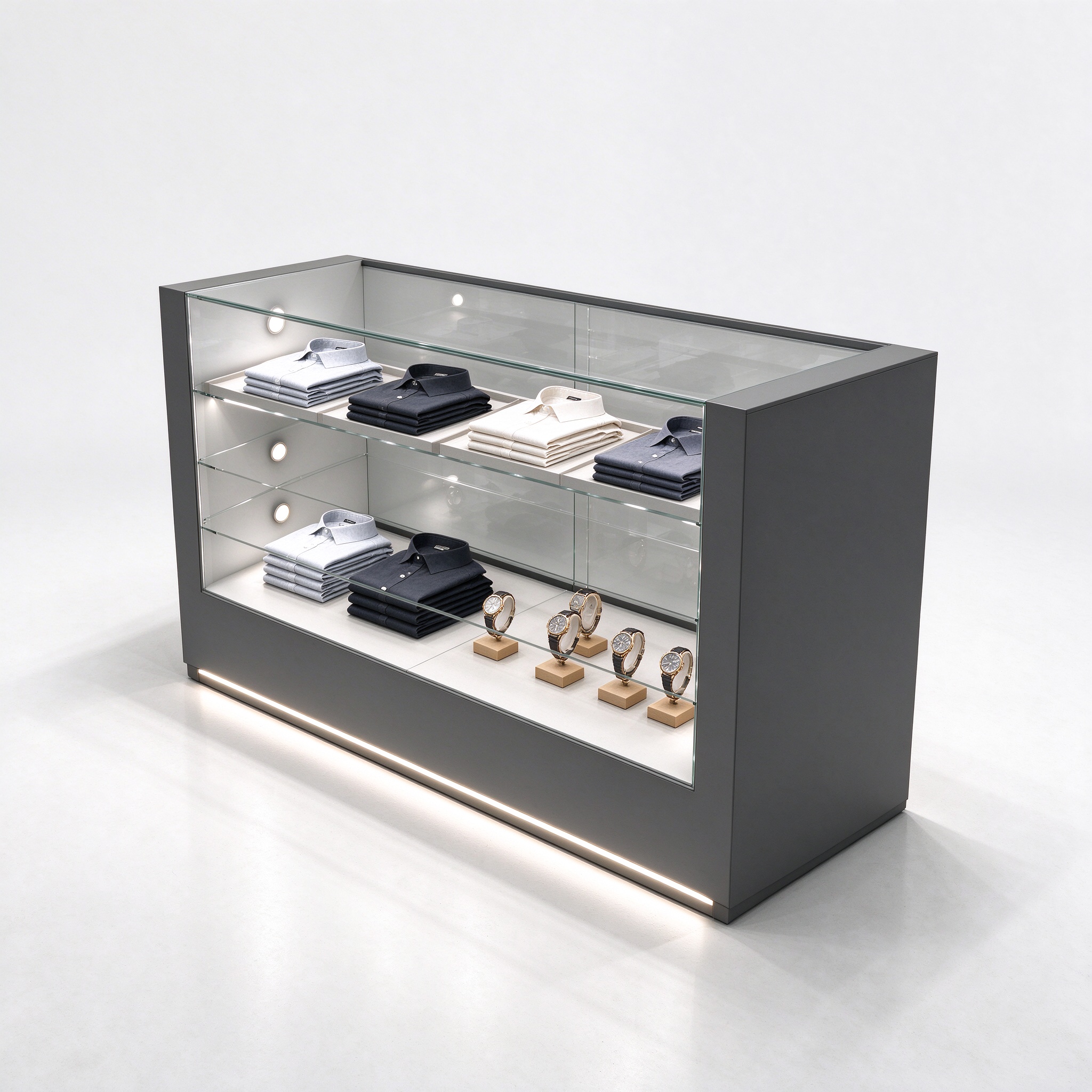 Dark gray slanted glass display counter right 45 degree view