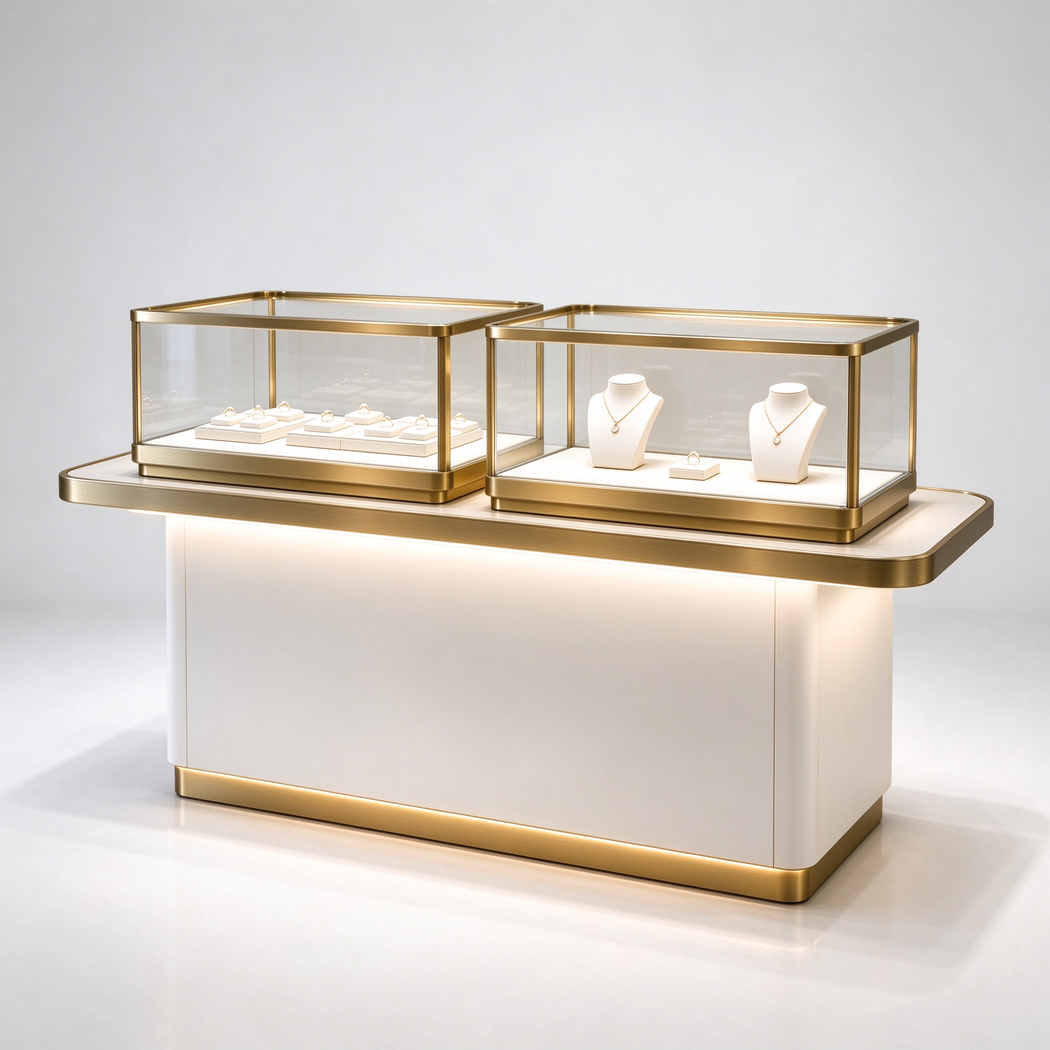 White gold trim LED jewelry glass counter left 45 degree view