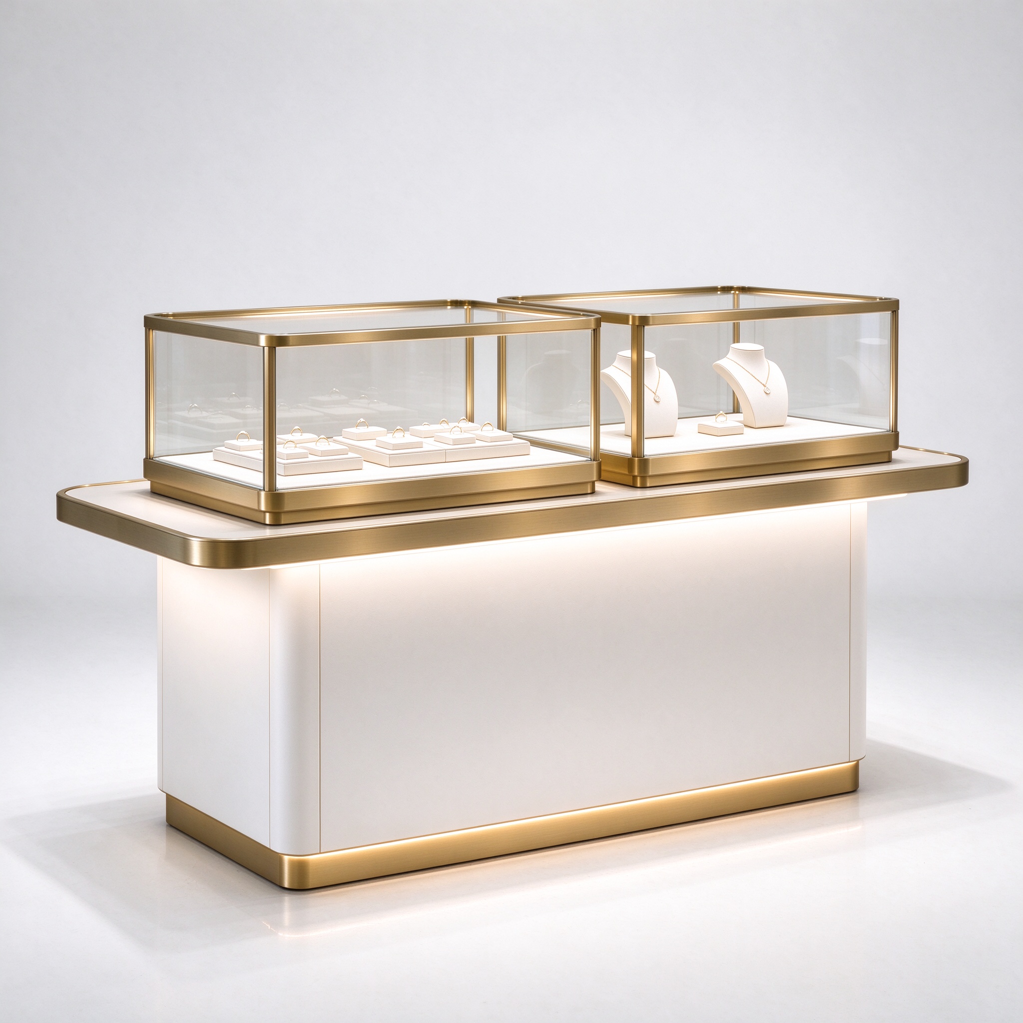 White gold trim LED jewelry glass counter right 45 degree view