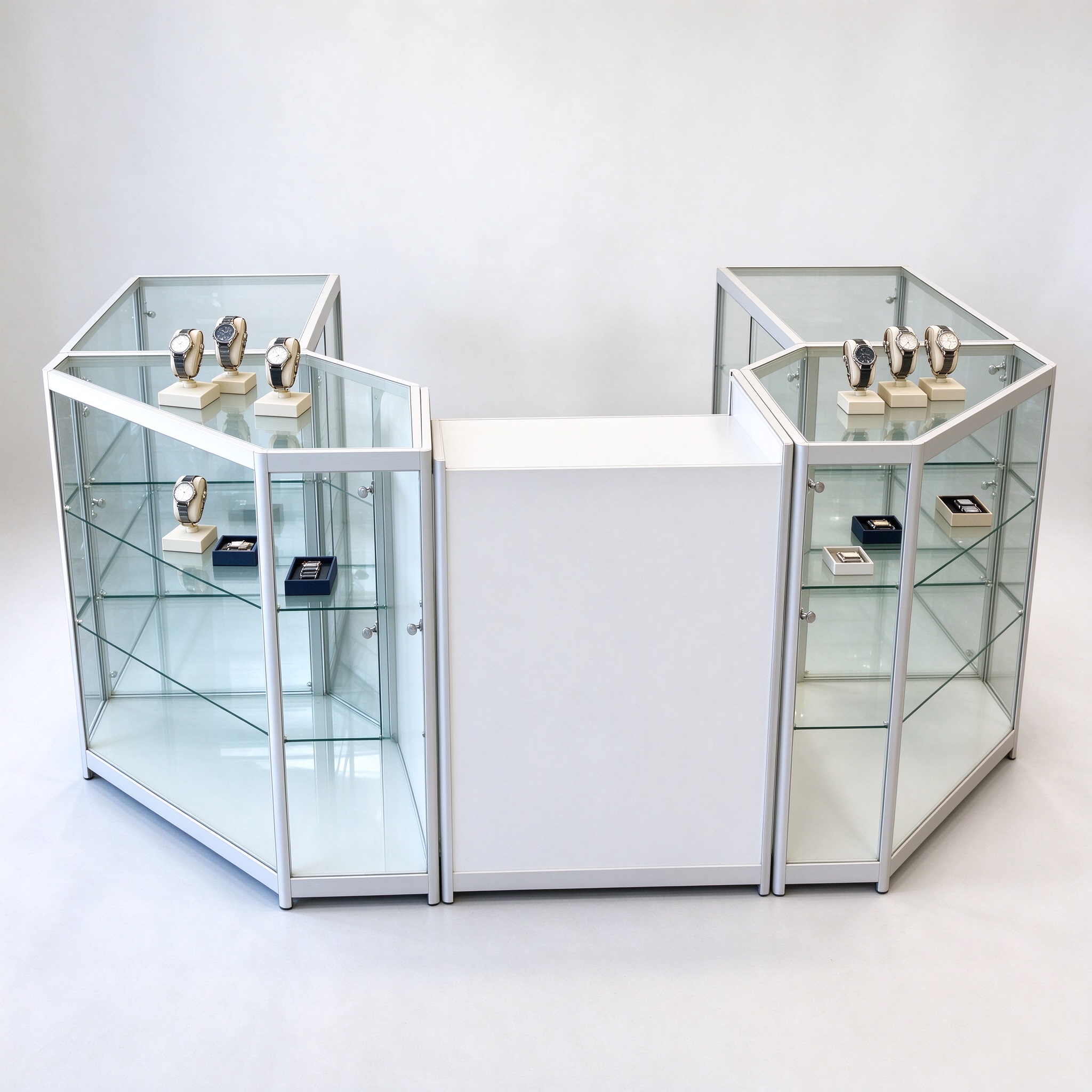 U-shaped white frame glass shop counter left front angle view