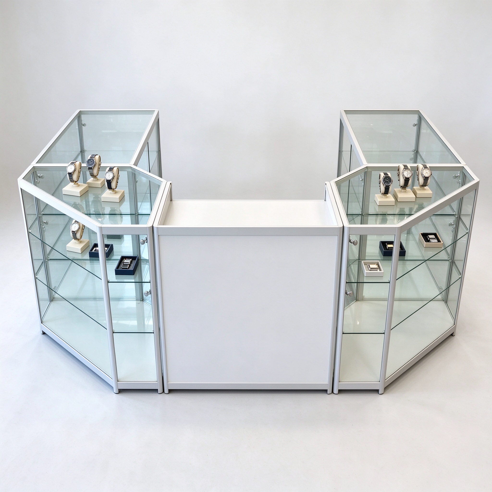 U-shaped white frame glass shop counter high angle main view