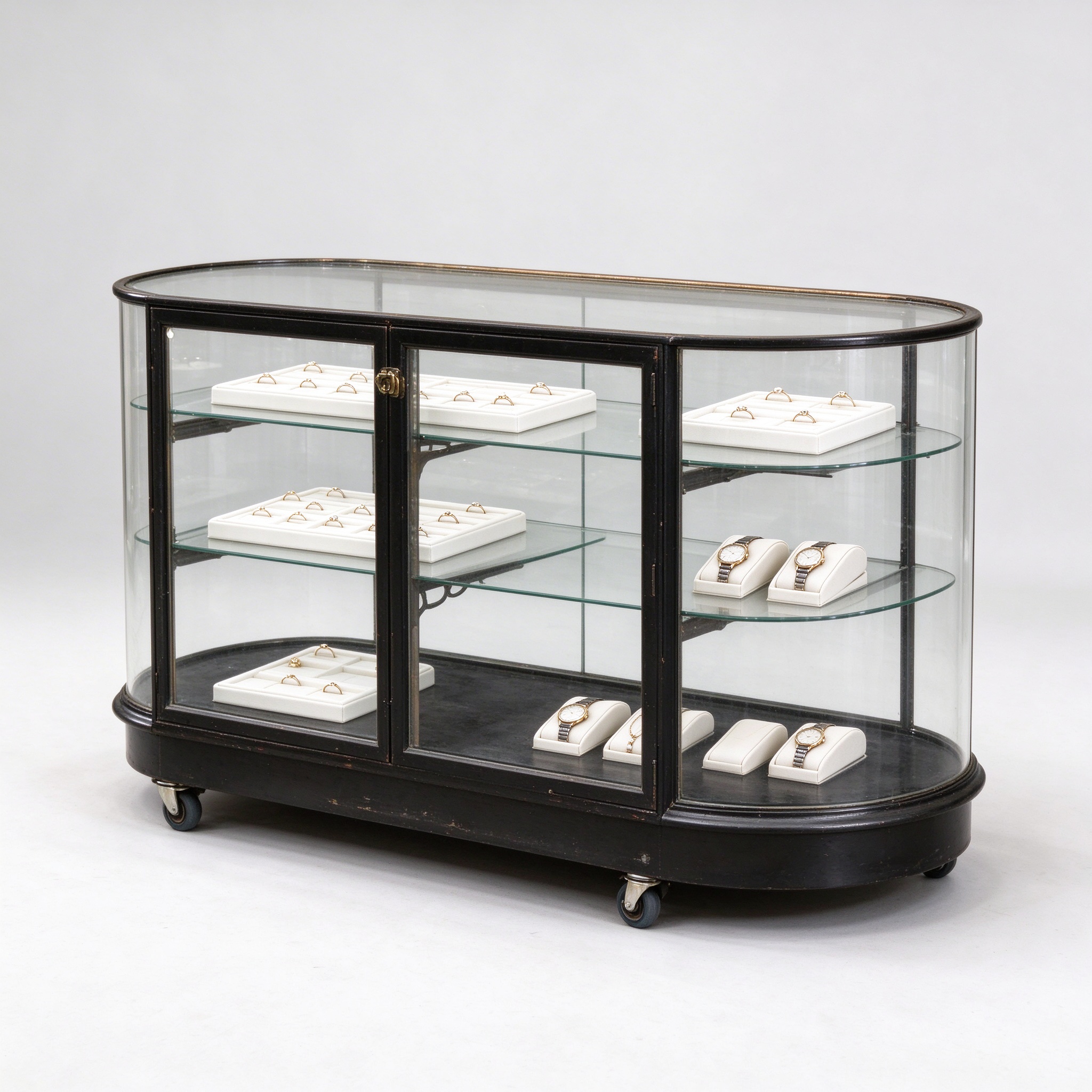 Portable oval glass display counter left 45 degree view