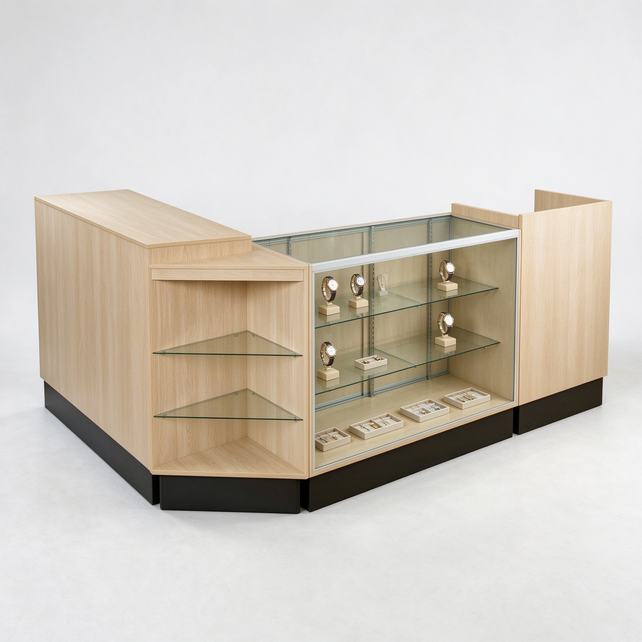 Light oak L-shaped checkout counter left 45 degree view