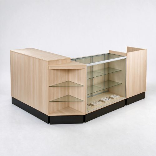 Light oak L-shaped checkout counter right 45 degree view v2