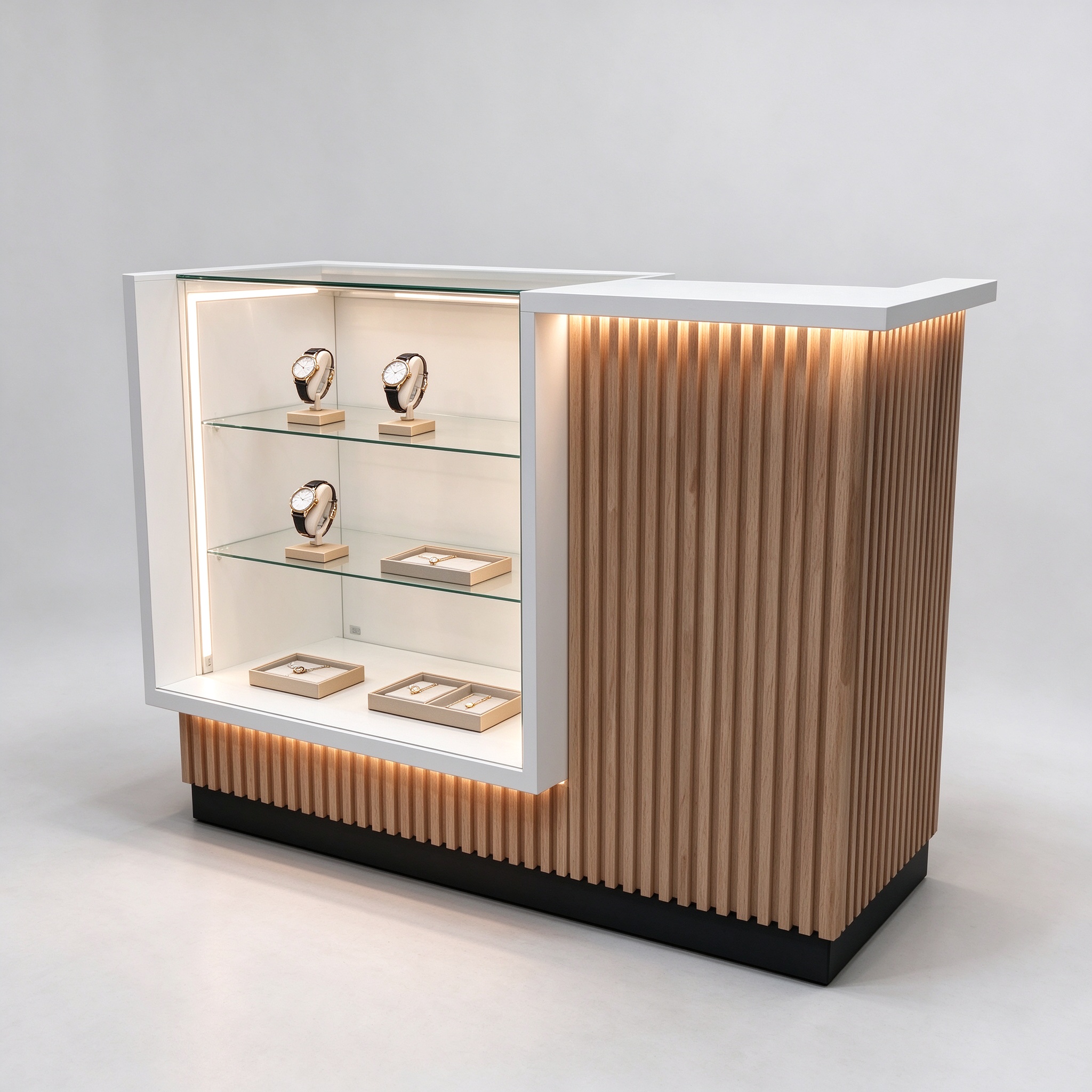 Cash wrap retail counter with glass shelving left 45 degree view