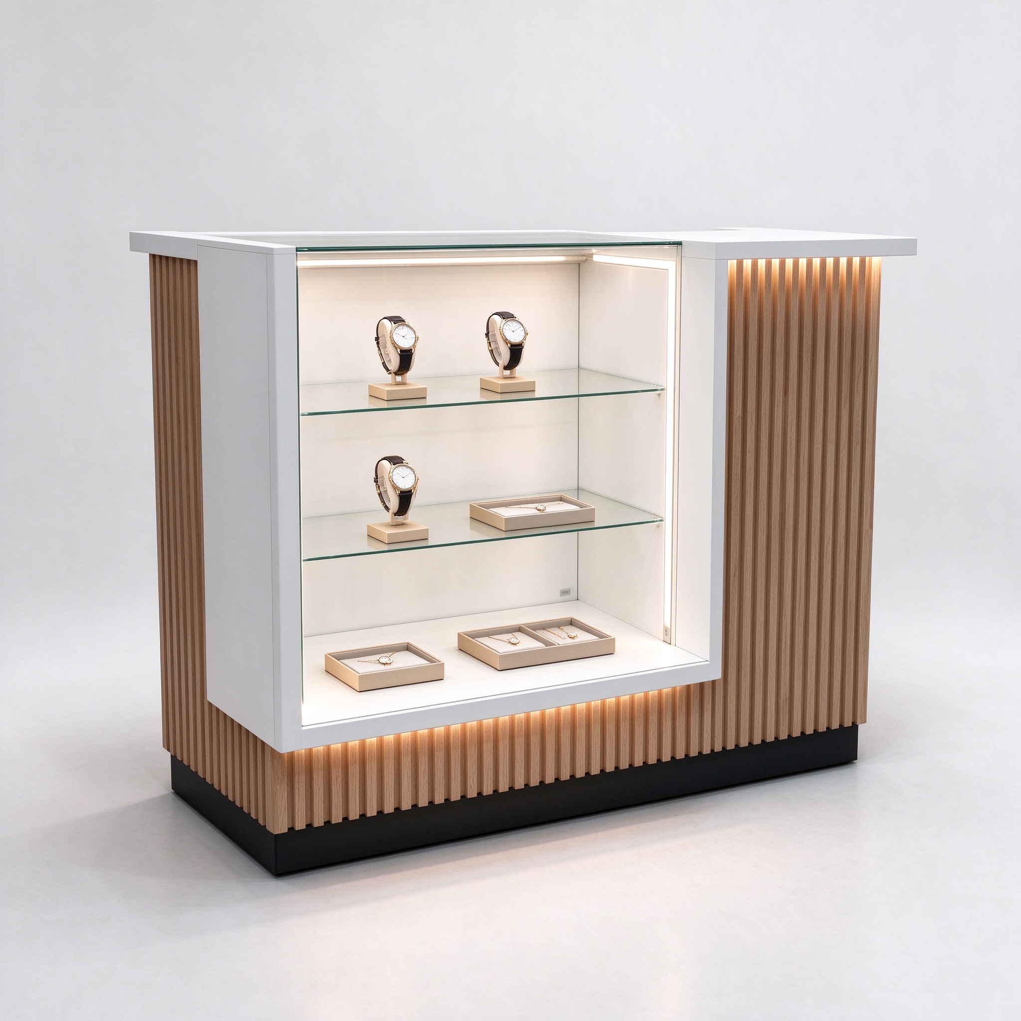 Cash wrap retail counter with glass shelving right 45 degree view