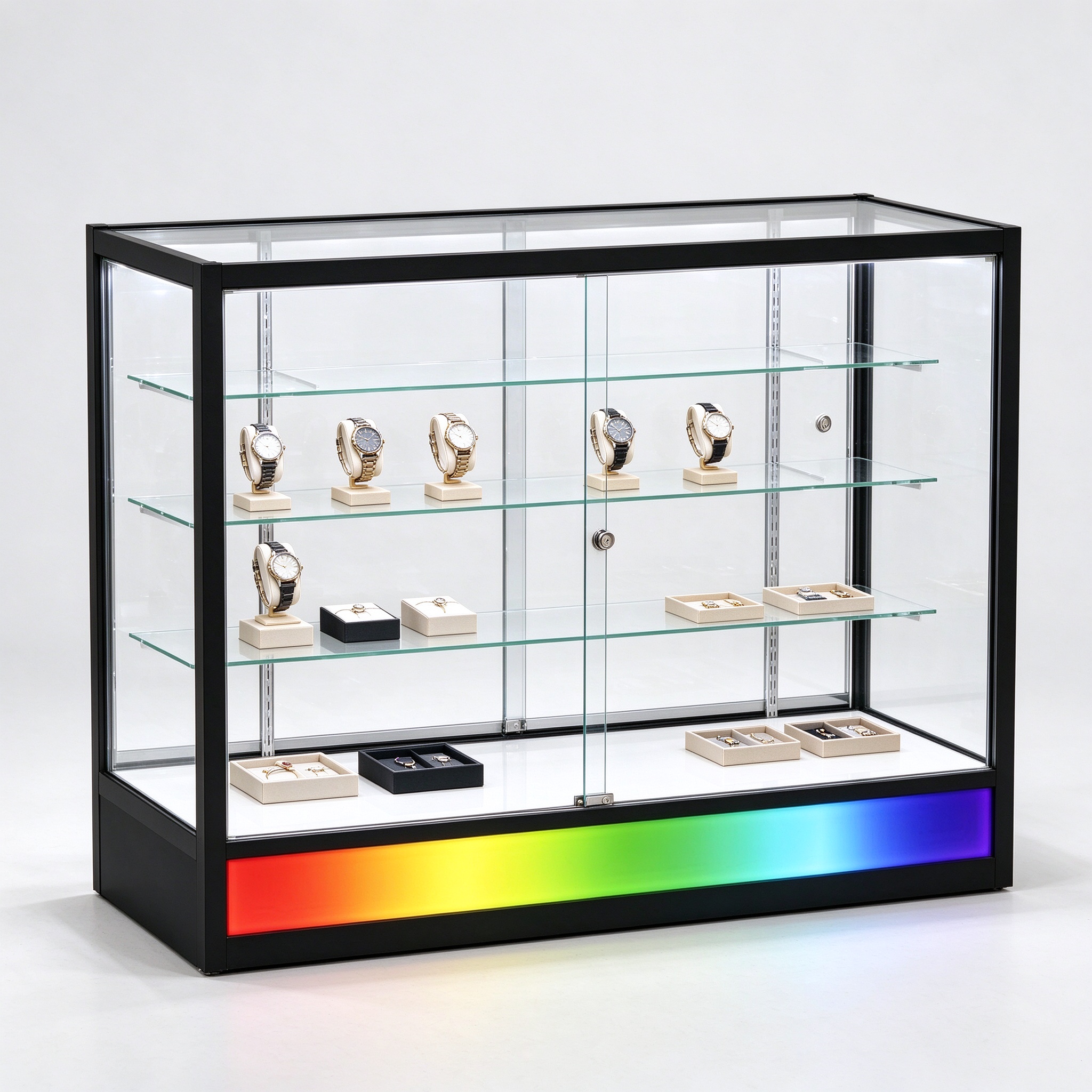Full vision glass counter with black frame left 45 degree view