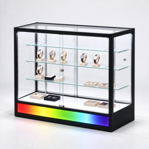 Full vision glass counter with black frame right 45 degree view