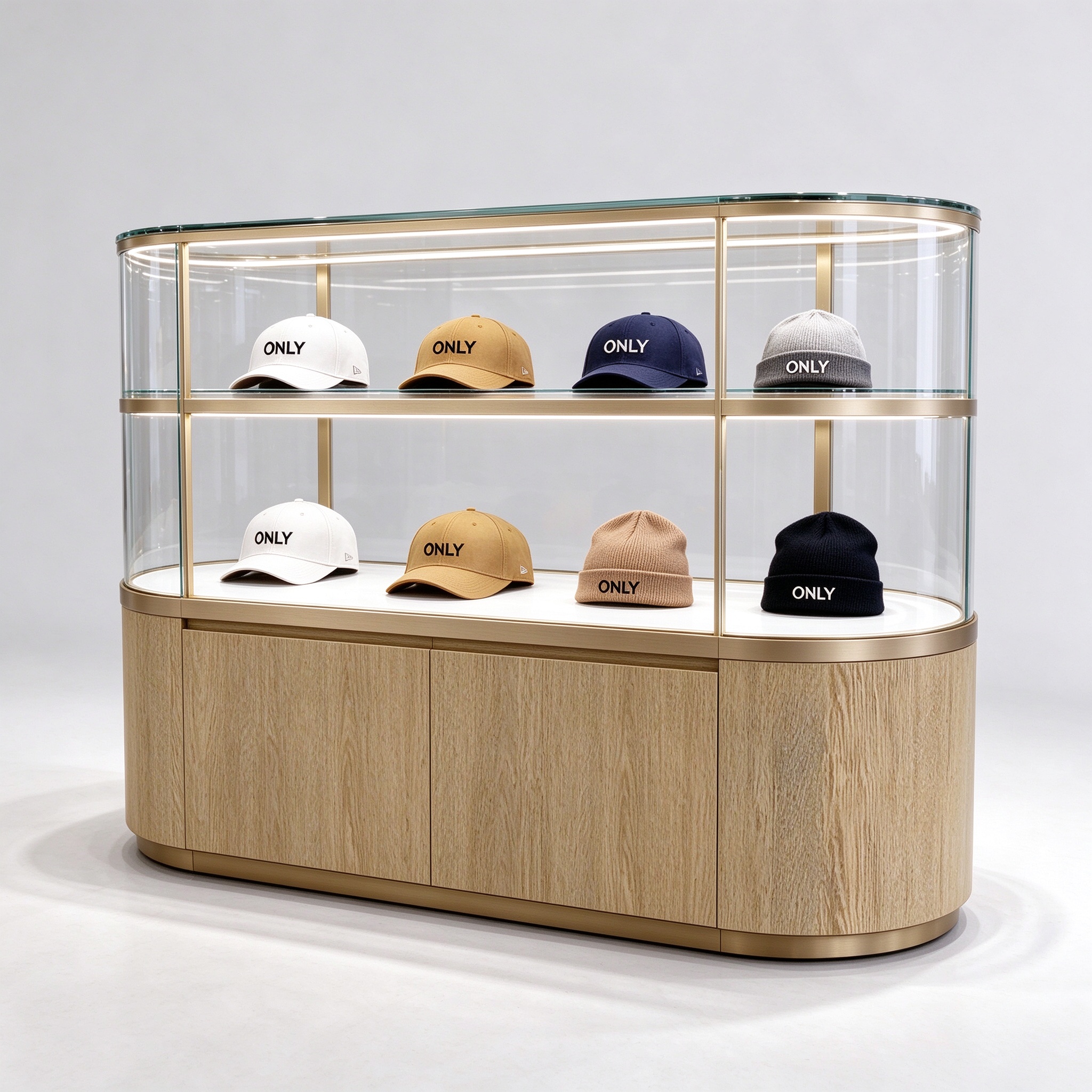 Oval glass display island counter left 45 degree view