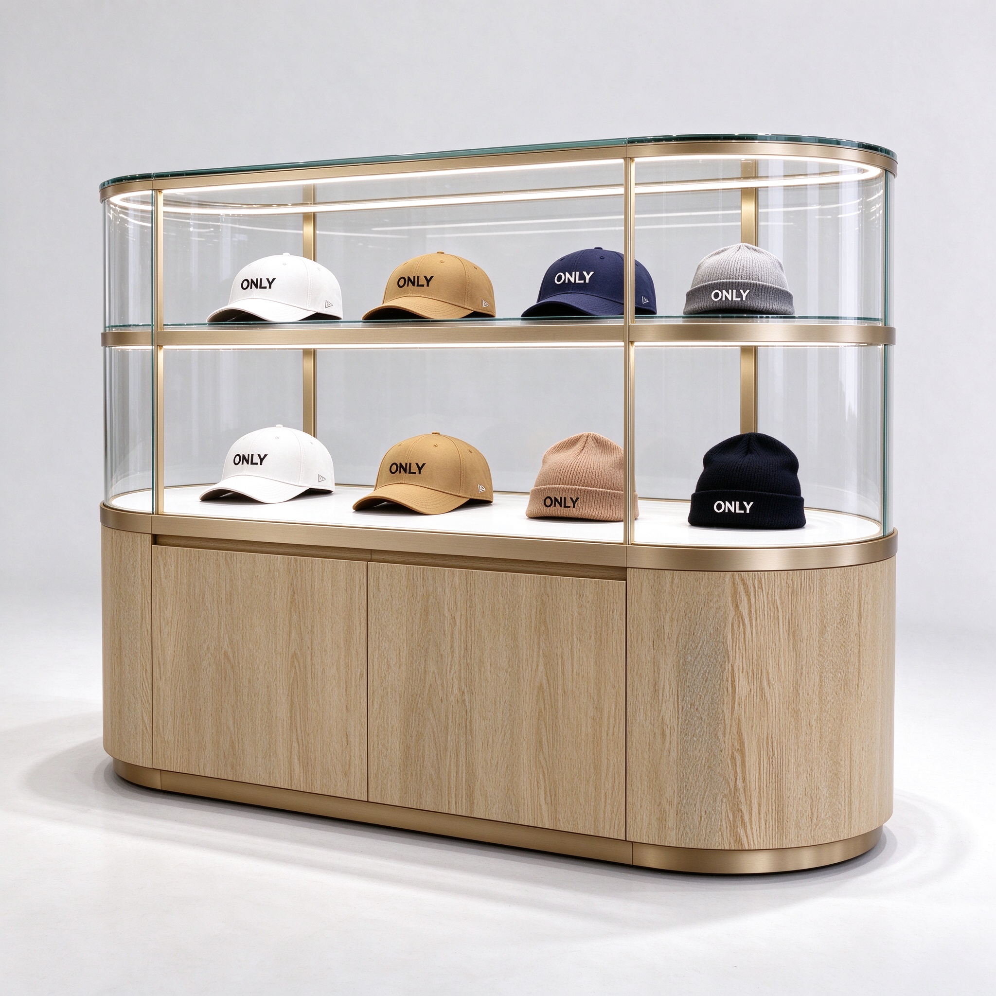 Oval glass display island counter right 45 degree view