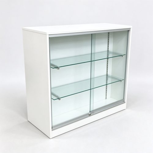 White glass display counter left 45 degree view