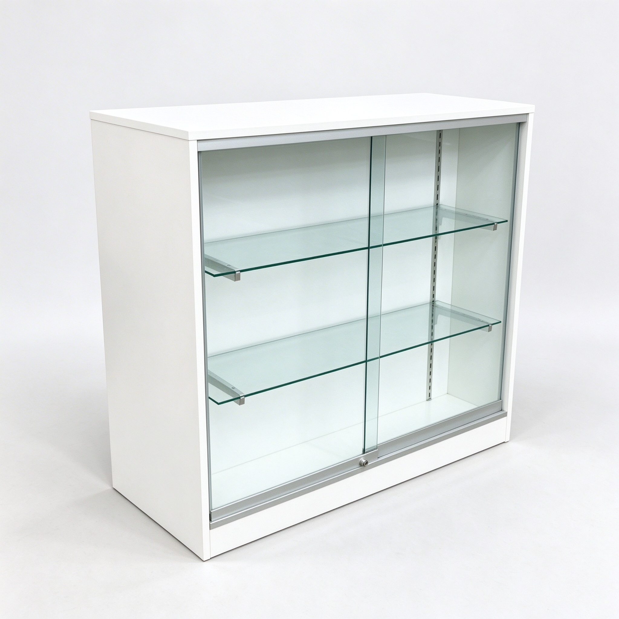 White glass display counter left 45 degree view