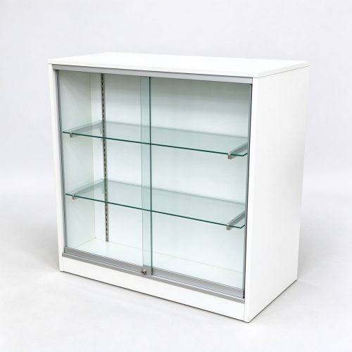 White glass display counter right 45 degree view
