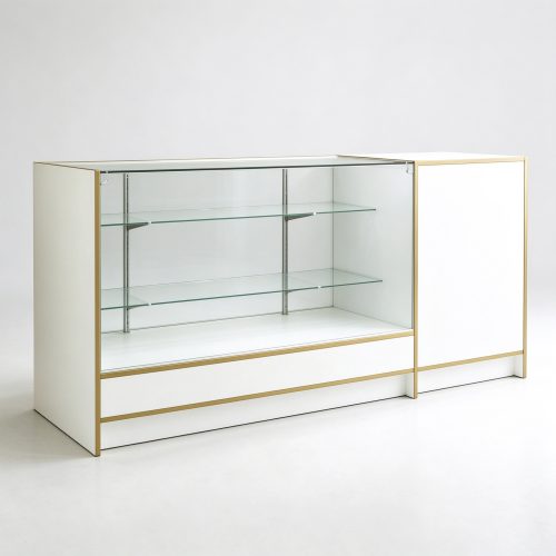 White jewelry display counter with gold trim left 45 degree view
