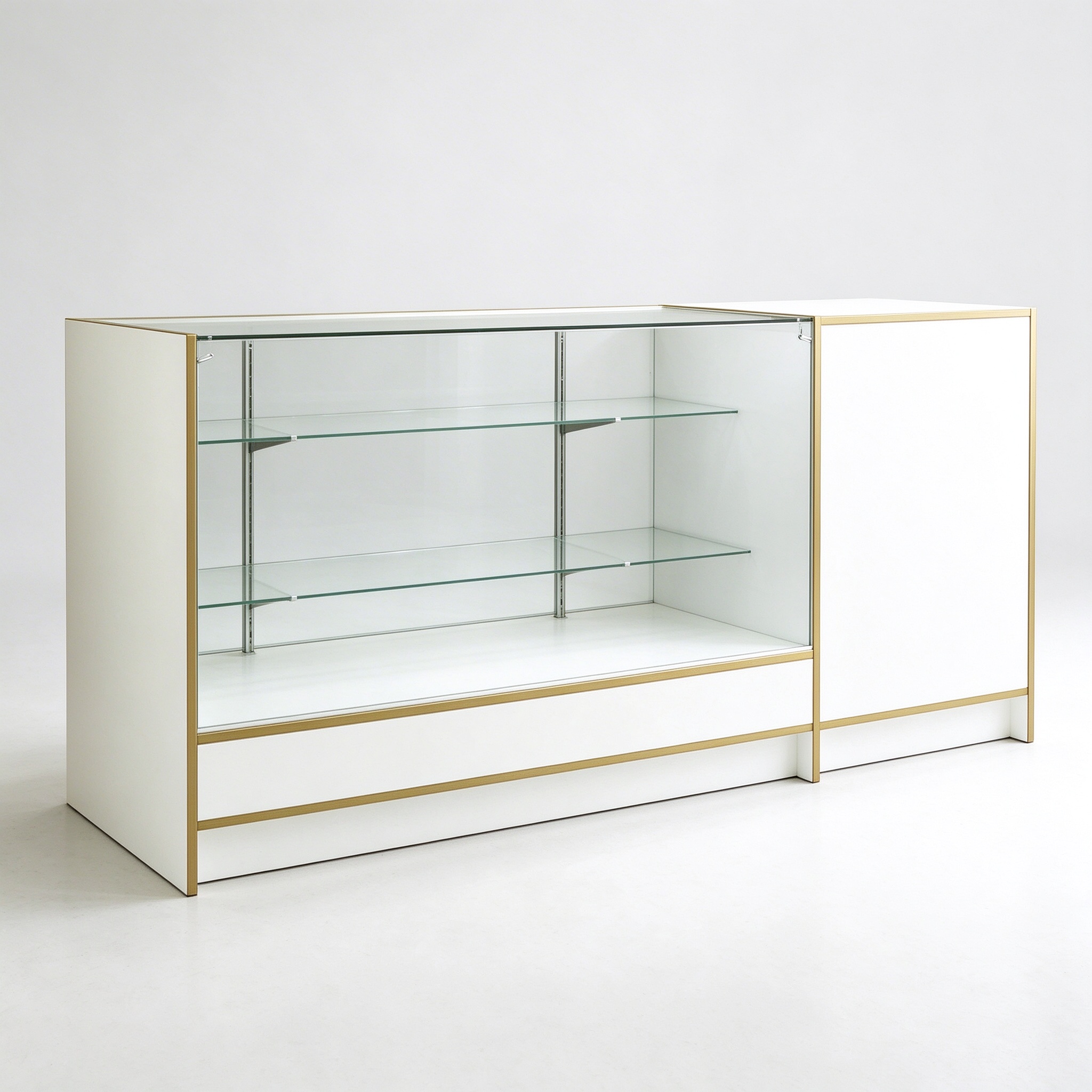 White jewelry display counter with gold trim left 45 degree view