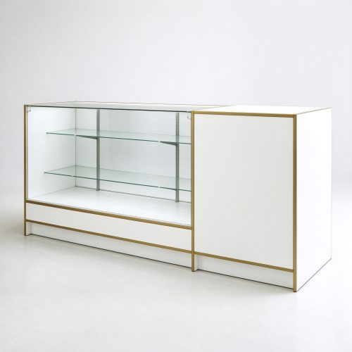 White jewelry display counter with gold trim right 45 degree view