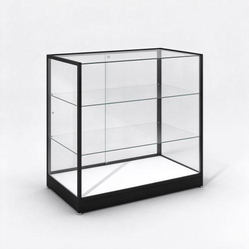 Black slim frame glass display counter left 45 degree view