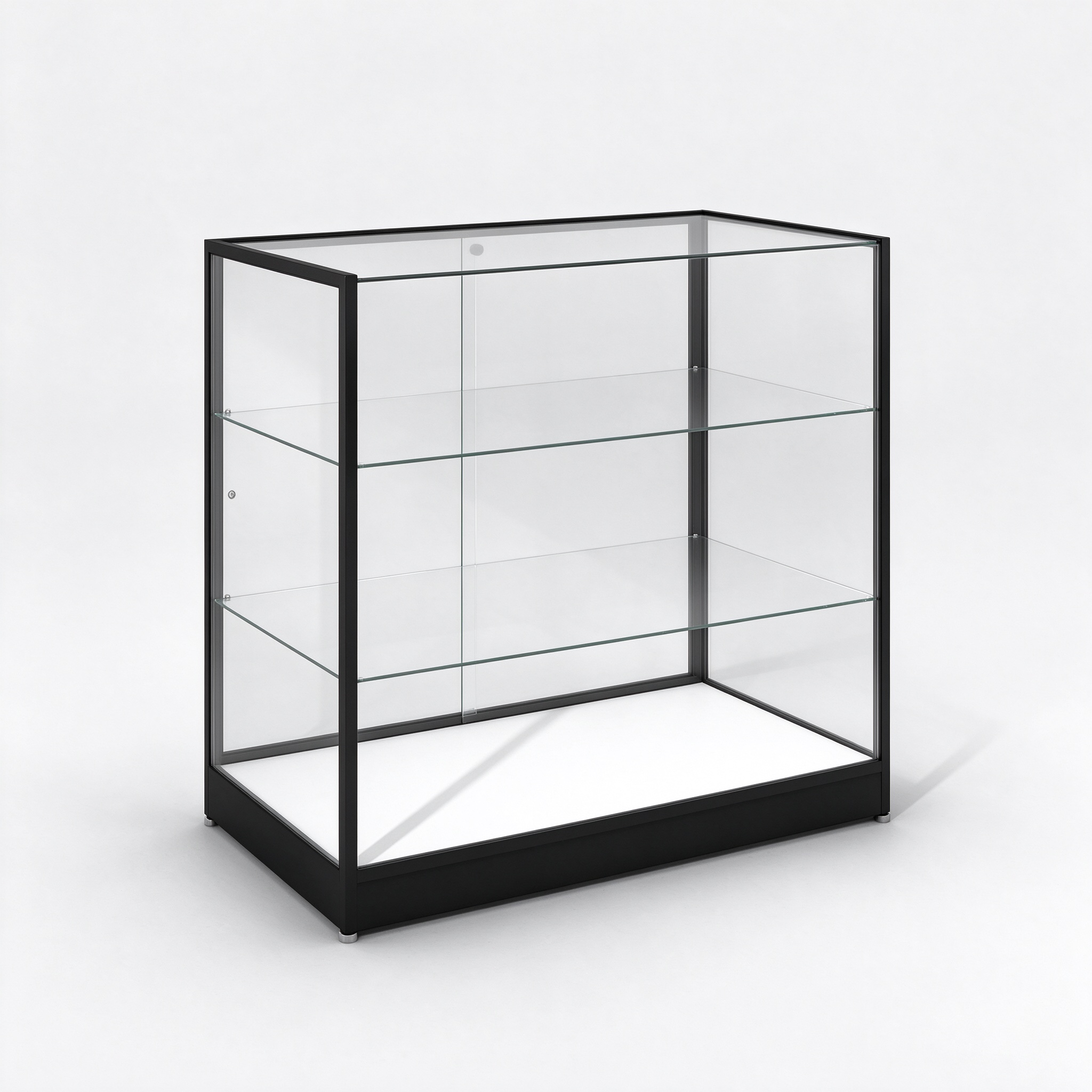 Black slim frame glass display counter left 45 degree view
