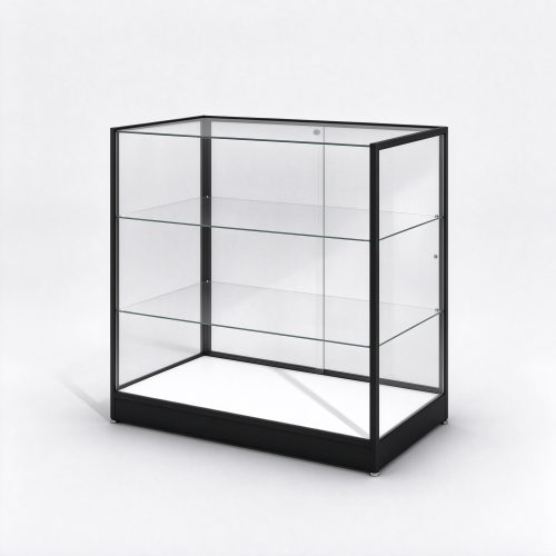 Black slim frame glass display counter right 45 degree view