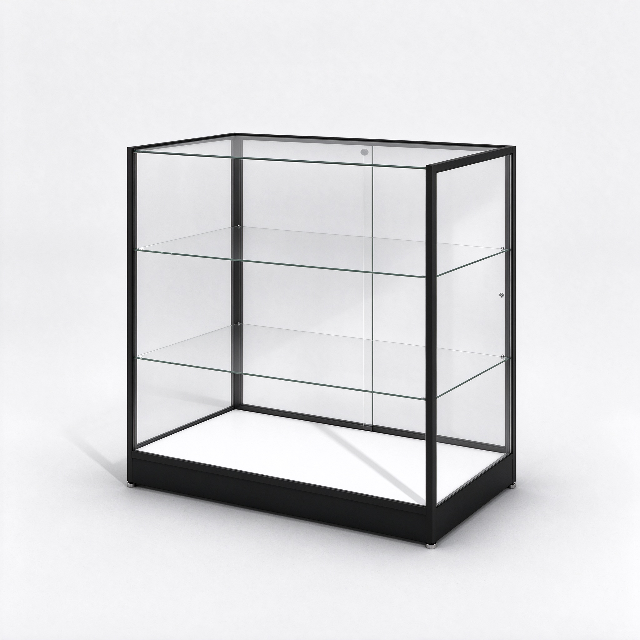 Black slim frame glass display counter right 45 degree view